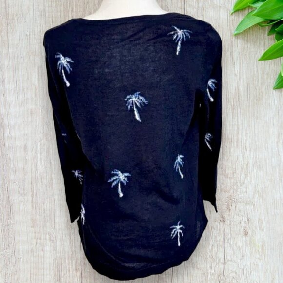 CHICOS Navy Blue Palm Tree Lightweight Crew Knit Pullover Spring Summer Sweater - Picture 2 of 5